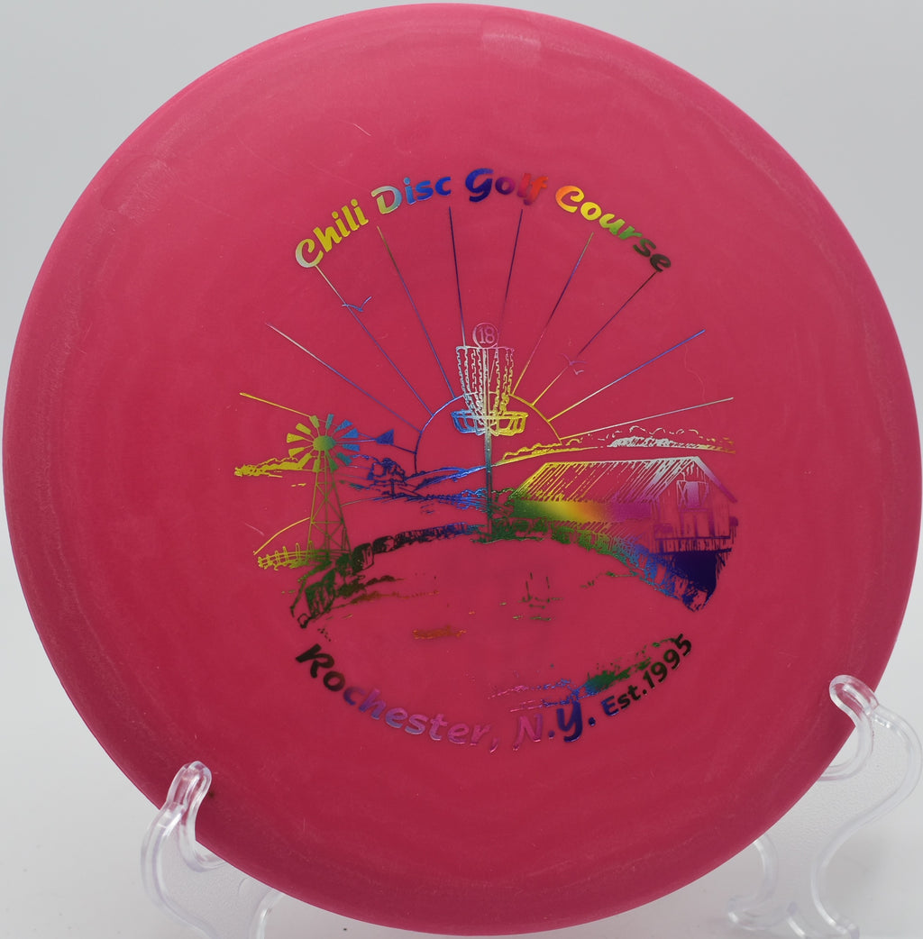 Innova DX Roc gliding down an open fairway on Hole 16 at Cottonmill Disc Golf Course, Kearney, Nebraska.