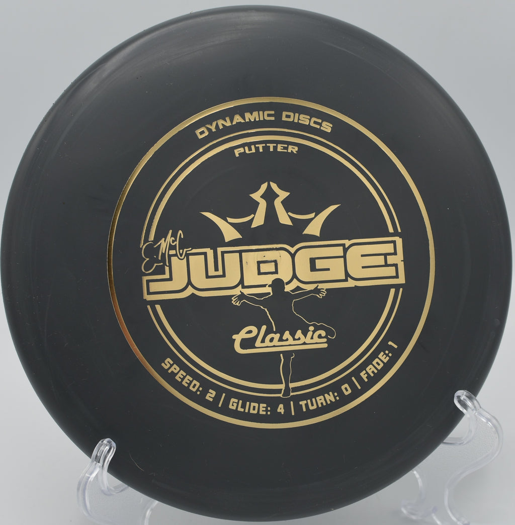 Player gripping a Classic Judge for a clean release at LaBenite Disc Golf Course in Sugar Creek, Missouri.