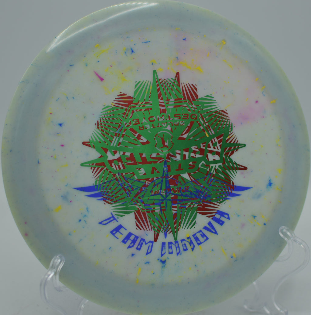 Splatter Star Destroyer Team Stamp Steve Brinster Innova tour driver ripping clean forehands at FDR State Park Disc Golf Course in Yorktown Heights, New York.