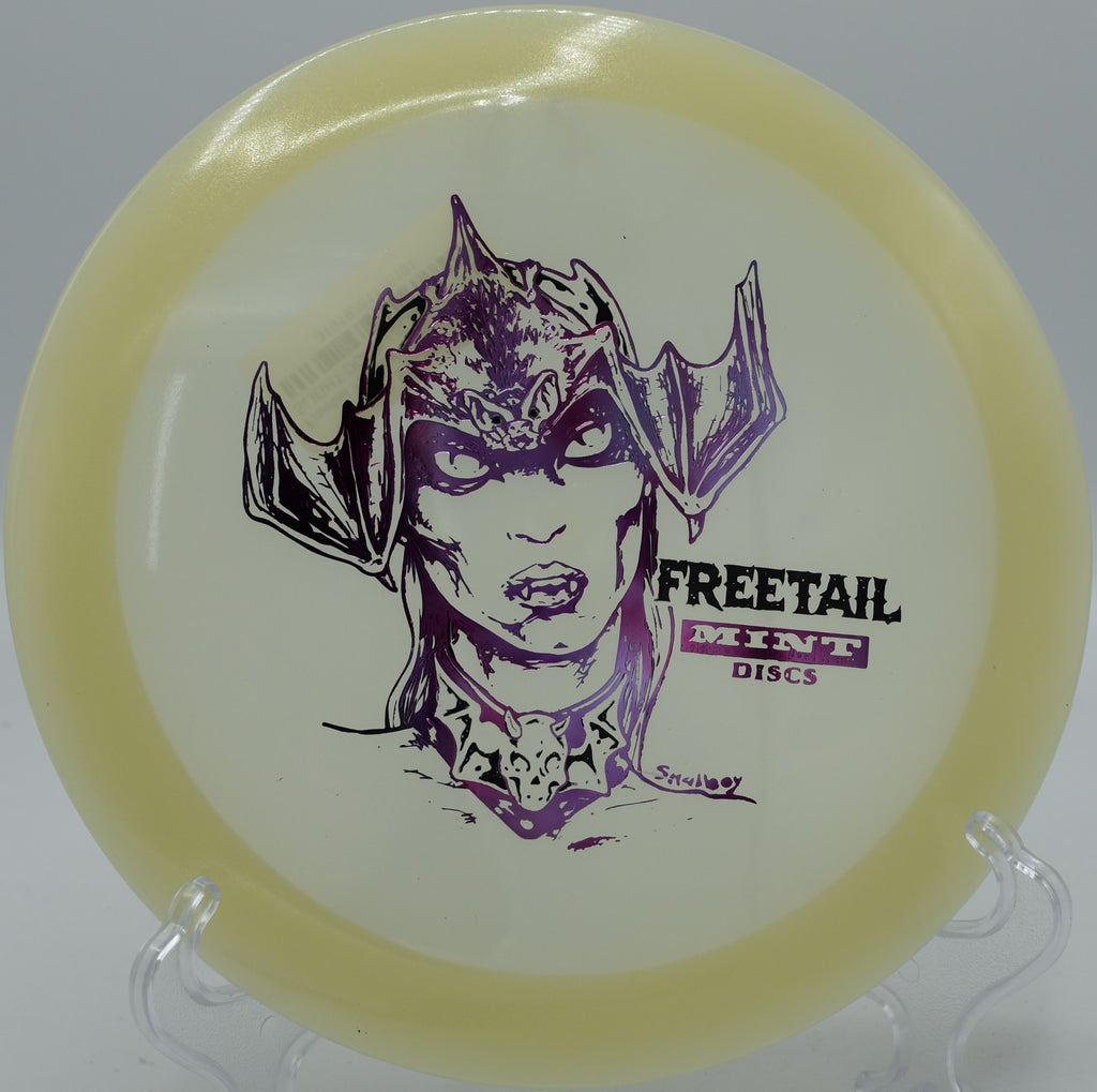 Mint Discs Nocturnal Freetail floating gracefully toward the chains on Hole 5 at Maple Grove Disc Golf Course, Columbus, Ohio.