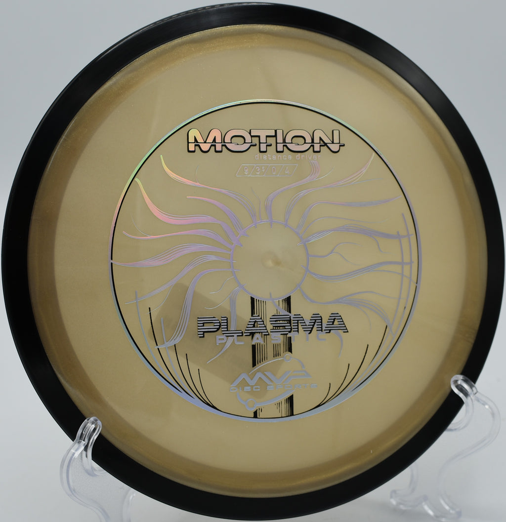 A player using a Plasma Motion for a power backhand drive at Oak Grove Disc Golf Course in Pasadena, California.