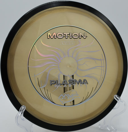 A player using a Plasma Motion for a power backhand drive at Oak Grove Disc Golf Course in Pasadena, California.