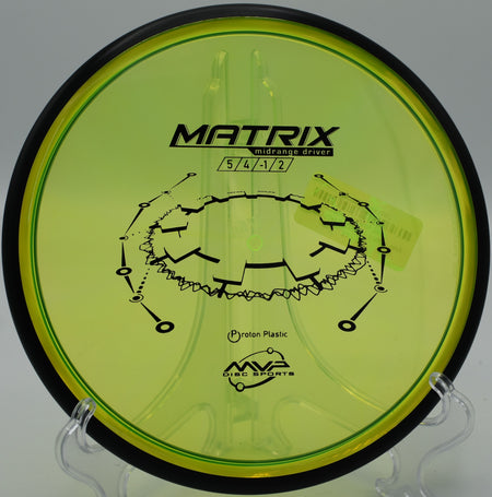 An MVP Proton Matrix carving a controlled turnover shot at Heritage Park Disc Golf Course in Olathe, Kansas.