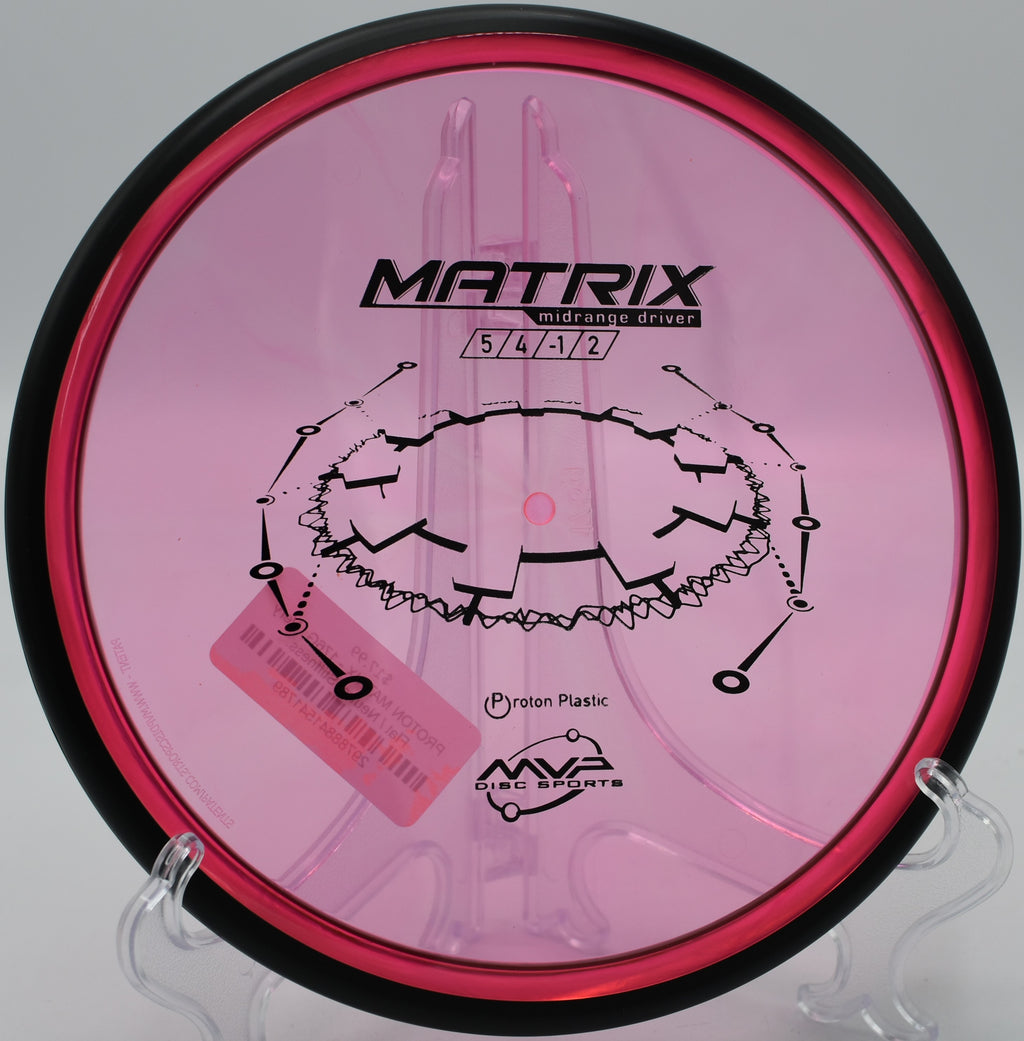 An MVP Proton Matrix flying straight toward the basket at Lake Marshall Disc Golf Complex in Montross, Virginia.