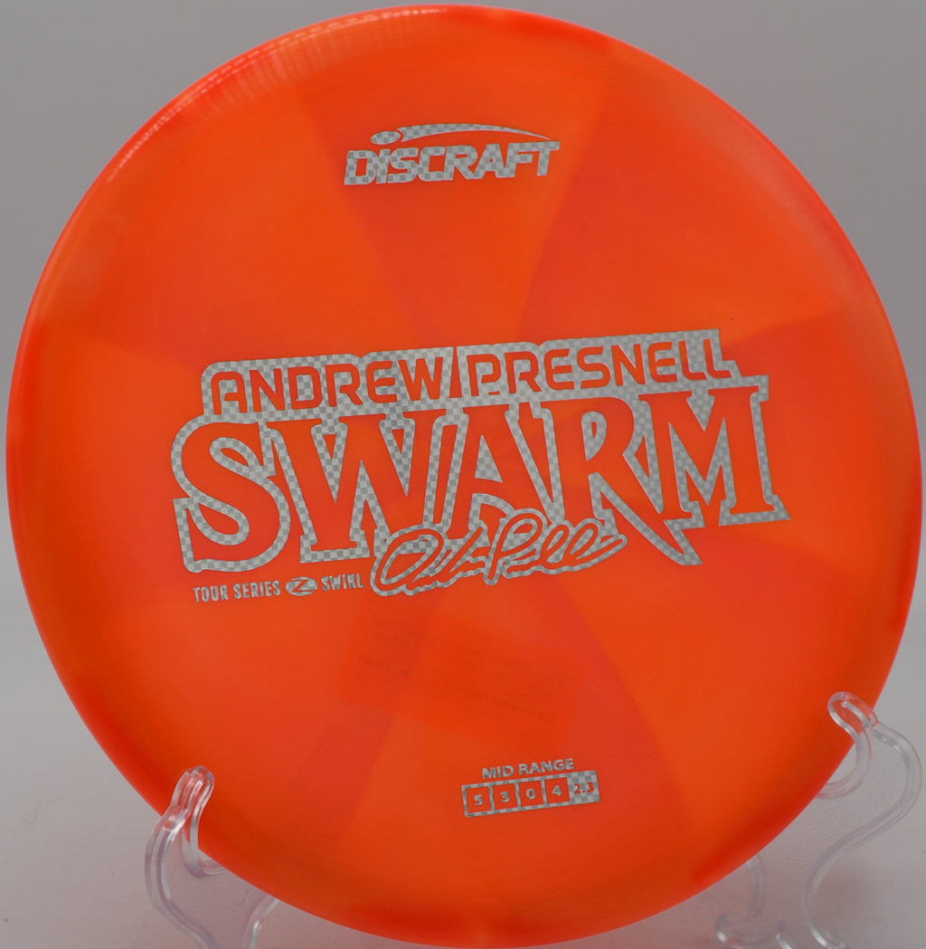 Z Swirl Swarm parked under the basket after a spike hyzer at Glenwood Springs DGC in Colorado.