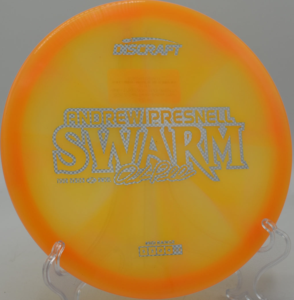 Player throwing a power forehand with a Z Swirl Swarm at Rock Ridge DGC in Pittsboro, North Carolina.