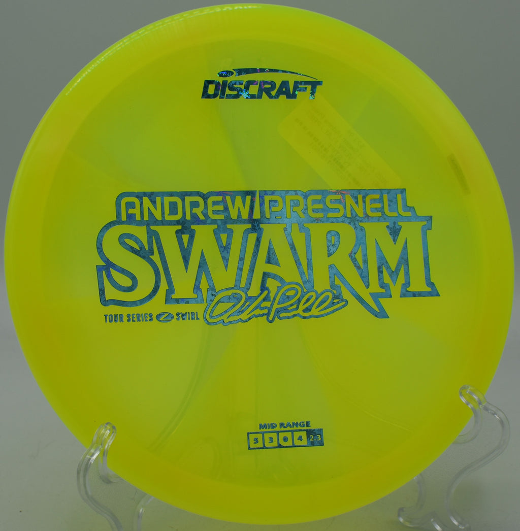 Discraft Z Swirl Swarm finishing with a steep skip at Trophy Club Park in Texas.