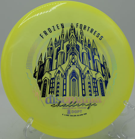 C-Line Color Glow P2X glowing at twilight on a circle 1 putt at North Cove Disc Golf Course in Marion, North Carolina