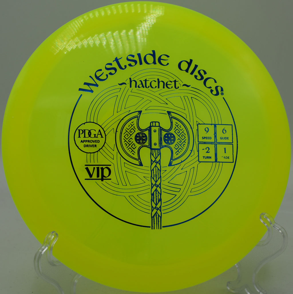 VIP Hatchet mid-flight in calm tailwind conditions at Bear Creek Disc Golf Course in Grapevine, Texas