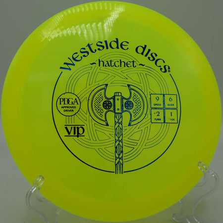 VIP Hatchet mid-flight in calm tailwind conditions at Bear Creek Disc Golf Course in Grapevine, Texas