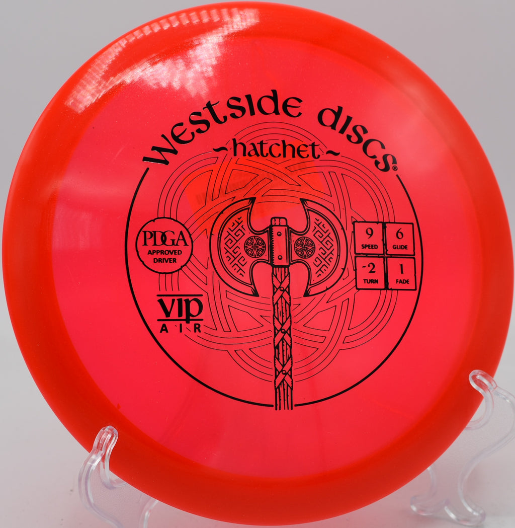 Westside Hatchet in VIP Air plastic floating over a wide fairway at Joe’s Flightpath Disc Golf Course in Waco, Texas