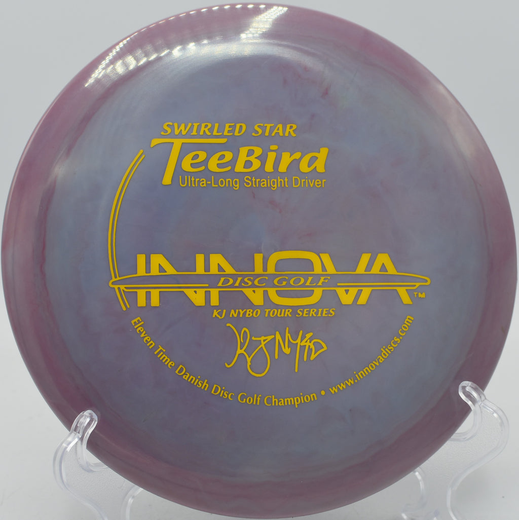 Swirly Star TeeBird resting under the basket at Walnut Ridge Disc Golf Course in Johnston, Iowa