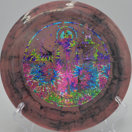 Biohazard Ice Age ripping a forehand power shot at Pioneer Park DGC in Billings, MT, holding a flat line before dumping hard with its 7-speed overstability.