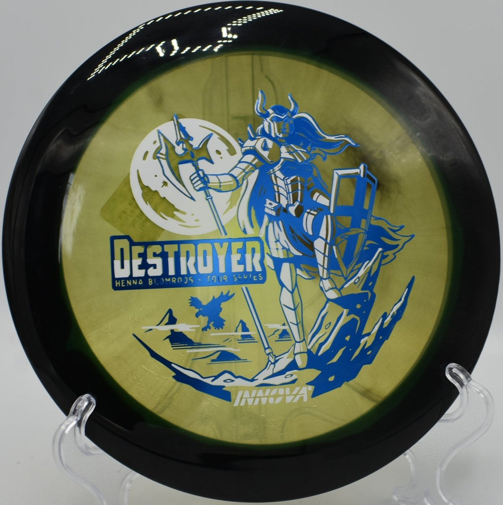 Innova Destroyer distance driver ripping a max distance flex line at Lake Eureka Disc Golf Course in Eureka, Illinois