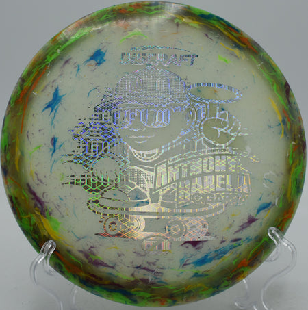 Jawbreaker Z Glo Cigarra glowing on a precision turnover shot at Harmon Hills Disc Golf Course, TN