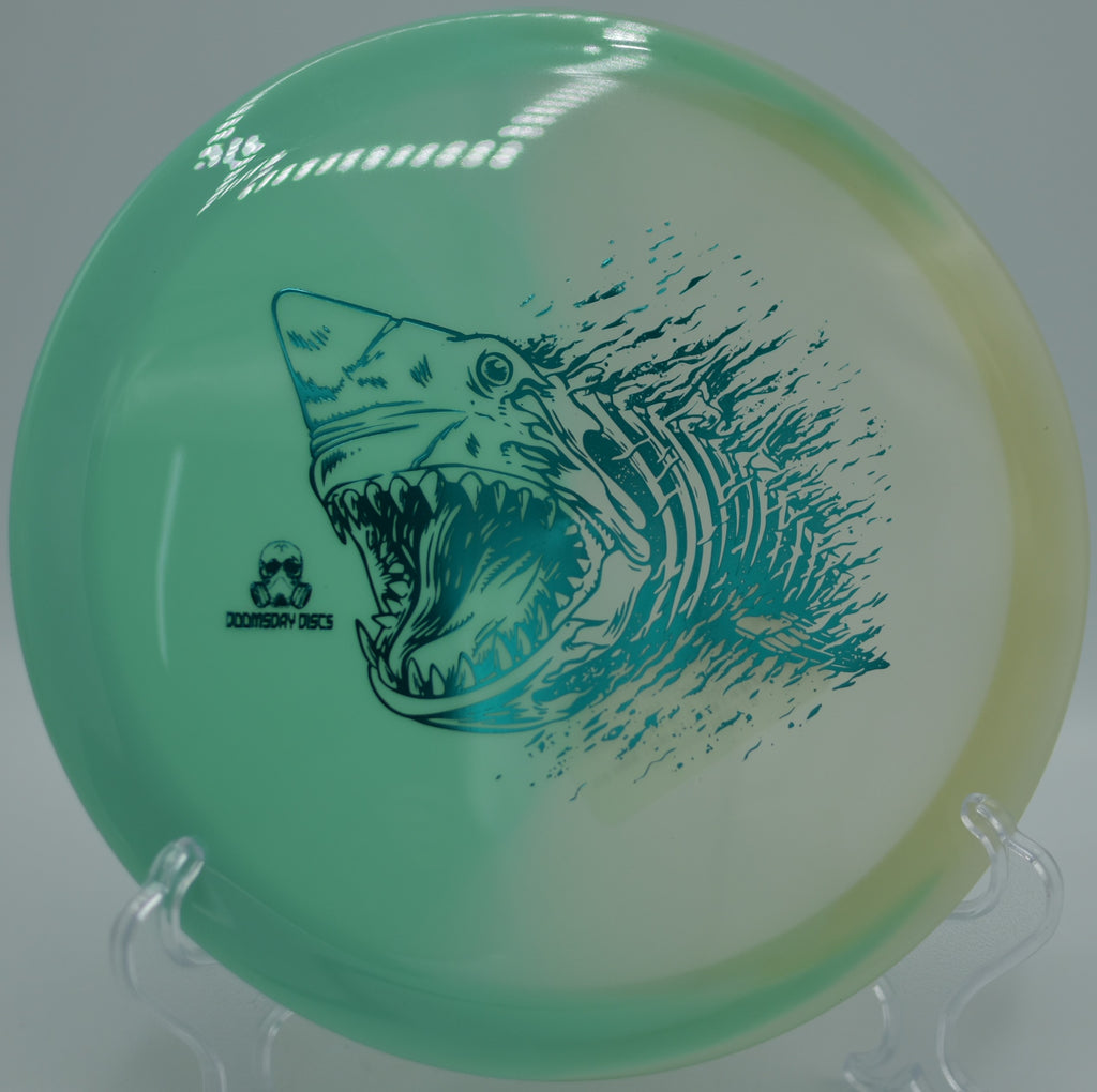 Retina Glow Chemtrail fairway driver from Doomsday Discs glowing brightly on a night-golf tee pad at Lime Hollow DGC in Cortland, NY, ideal for hyzer-flip control shots.