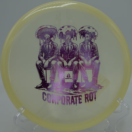 Doomsday Discs Glow Isolation Rot putter glowing eerily during night rounds at Maple Hill Disc Golf Course in Leicester, Massachusetts.