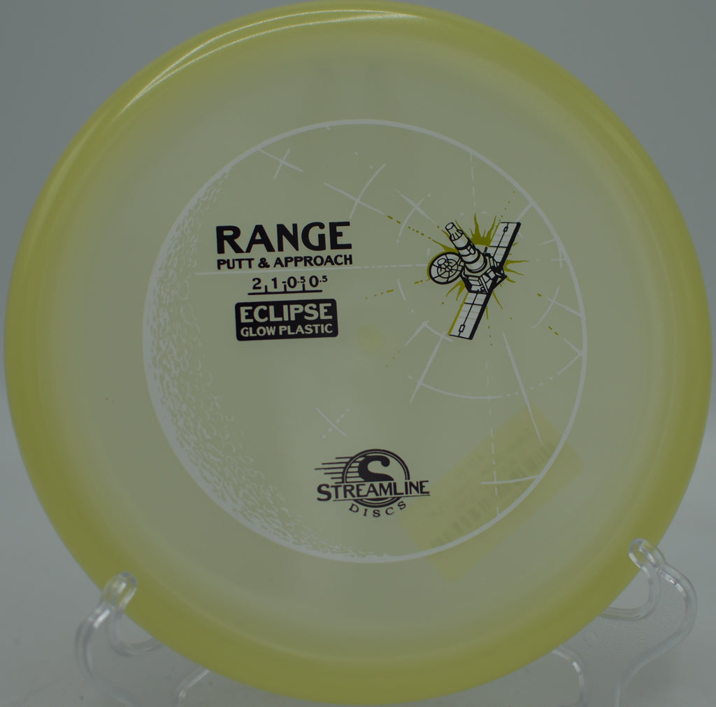 Streamline Eclipse Glow Range putter flying on a straight approach at Maple Hill Disc Golf Course in Leicester, Massachusetts.