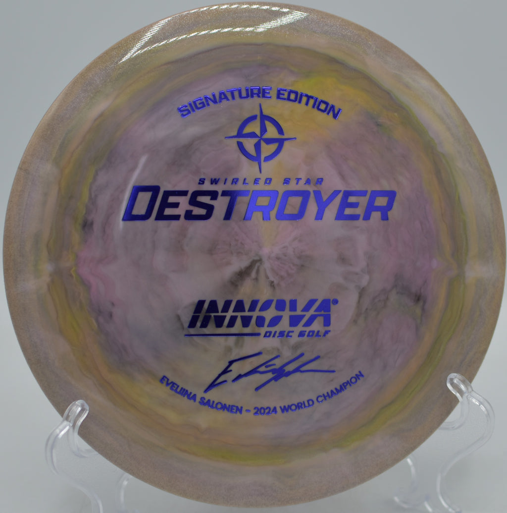 Eveliina Salonen Signature Swirled Star Destroyer ripping a powerful backhand drive at DeLaveaga Disc Golf Course in Santa Cruz, California.