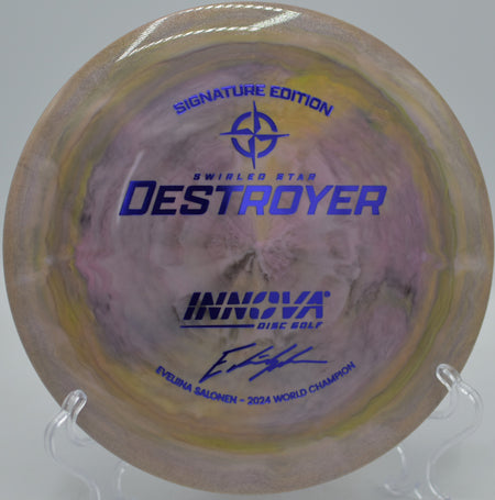 Eveliina Salonen Signature Swirled Star Destroyer ripping a powerful backhand drive at DeLaveaga Disc Golf Course in Santa Cruz, California.