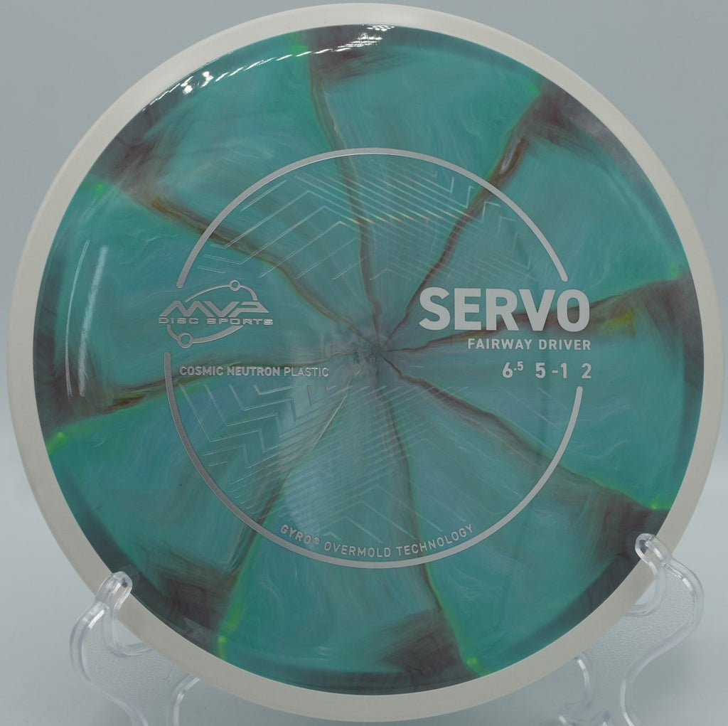 Cosmic Neutron Servo fairway driver carving controlled straight line at Veterans Memorial Park Disc Golf Course in Ocala, Florida