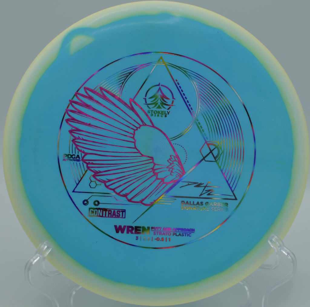 Dallas Garber Signature Contrast Strato Wren released on a smooth spin putt at Harmon Hills Disc Golf Course in Fall Branch, Tennessee.