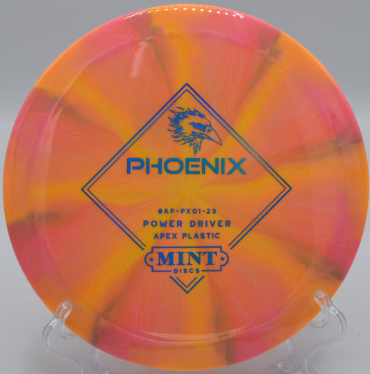 Mint Discs Apex Swirl Phoenix overstable control driver ripping a flex line at Maple Hill Disc Golf Course in Leicester, Massachusetts
