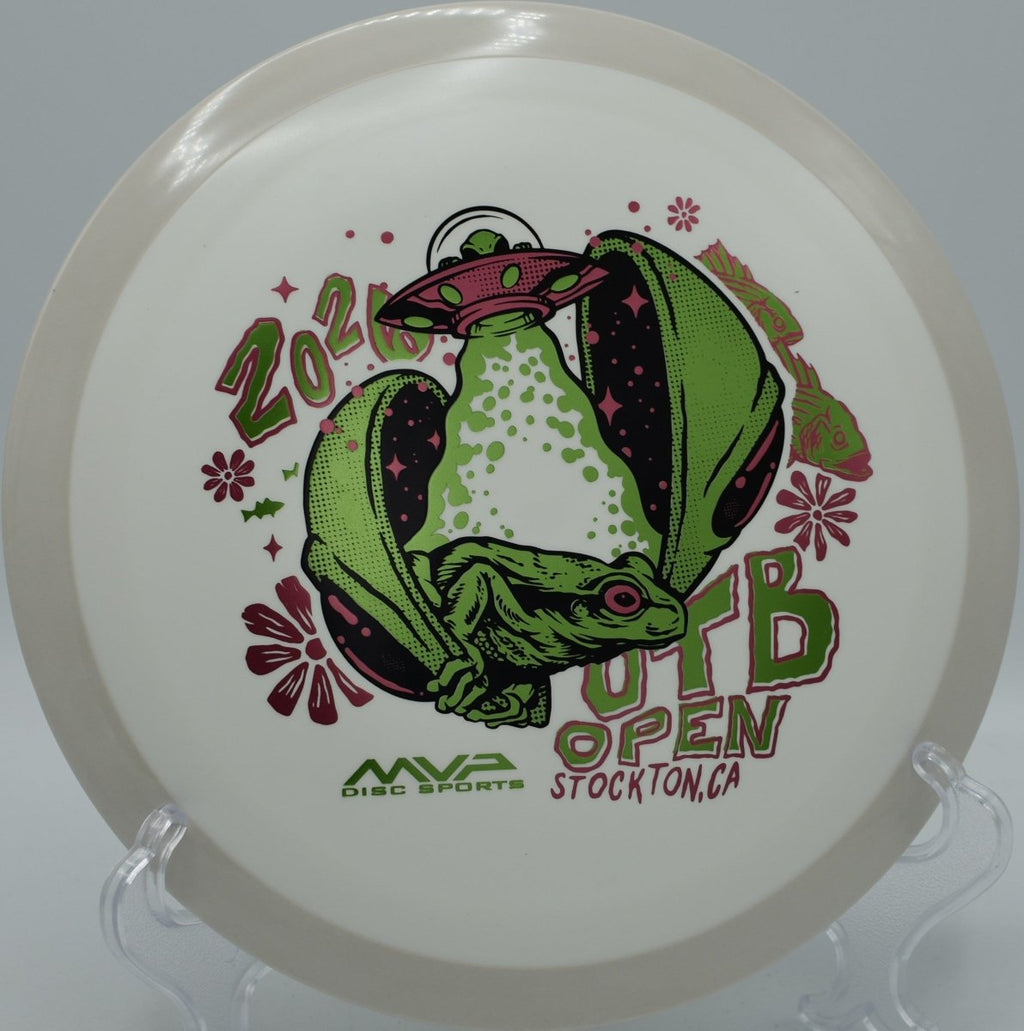 Axiom OTB Open 2026 Fission Delirium distance driver displayed on tee pad at Maple Hill Disc Golf Course in Leicester, Massachusetts