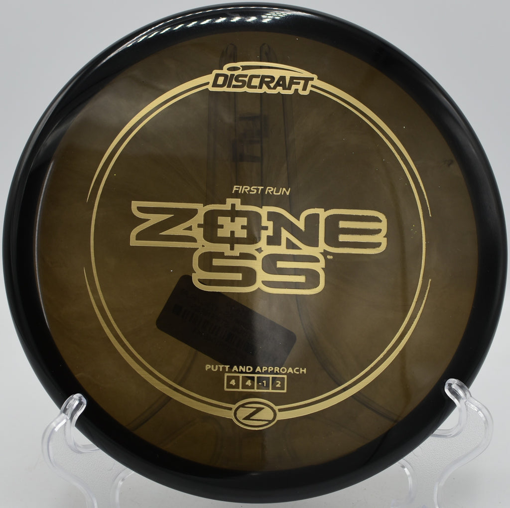 Discraft First Run Z Zone SS on the green at Maple Hill Disc Golf Course in Leicester, MA