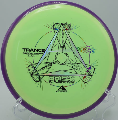 Neutron Prism Trance thrown on a smooth hyzer-flip at Maple Hill DGC in Massachusetts

