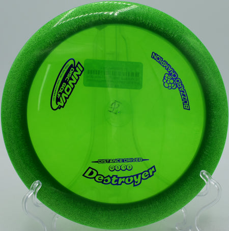 Innova Blizzard Champion Destroyer lightweight distance driver launched on a max-distance flex shot at Maple Hill Disc Golf Course in Leicester, Massachusetts