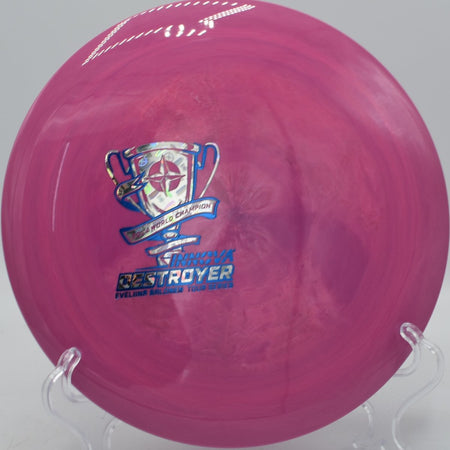 Proto Glow Halo Champion Destroyer Ohn Scoggins Tour Series distance driver displayed at Idlewild Disc Golf Course in Burlington, Kentucky, built for maximum distance drives and reliable fade