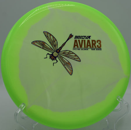 Classic Glow Halo Star Aviar3 Eveliina Salonen Tour Series putter parked under basket chains after a headwind putt at McPherson Park Disc Golf Course in Wellington, Kansas