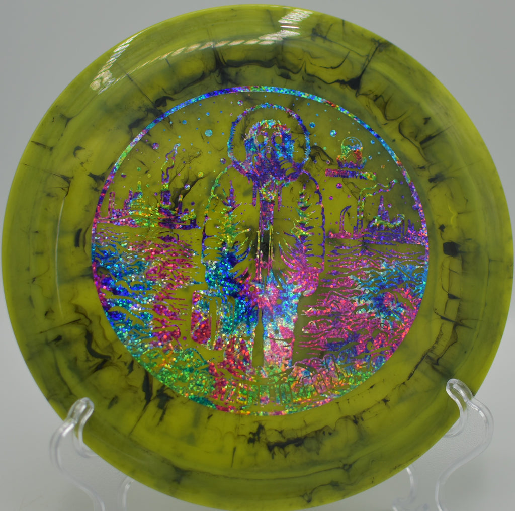 Doomsday Biohazard Ice Age smashing a headwind drive at Devil’s Den DGC in Gainesville, AR, resisting turn and fading sharply around a tree cluster.