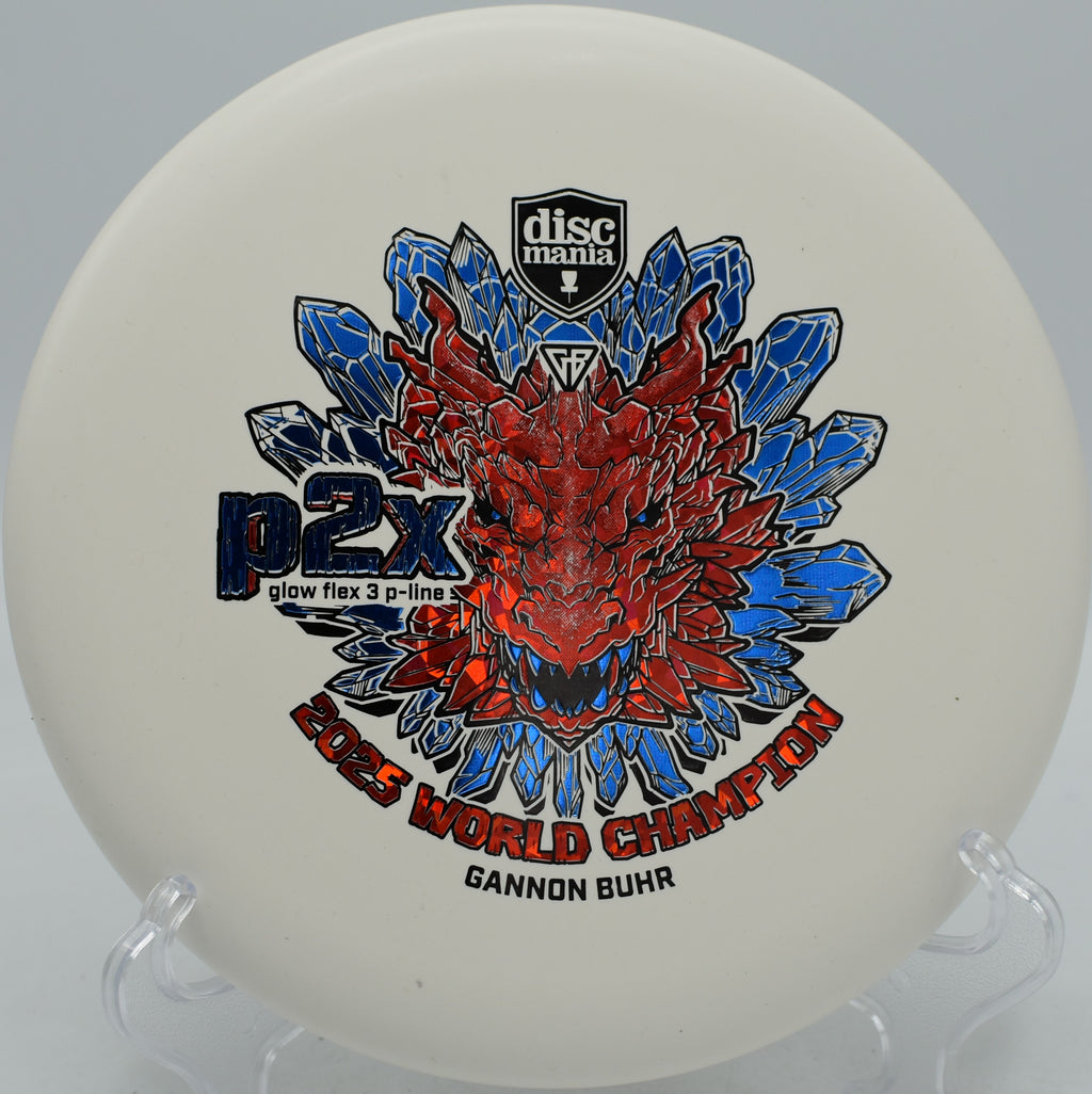Glow Flex 3 P-Line P2x Gannon Buhr Triumph Series 2025 World Champion putter parked inside the circle at Idlewild Disc Golf Course in Burlington, Kentucky.