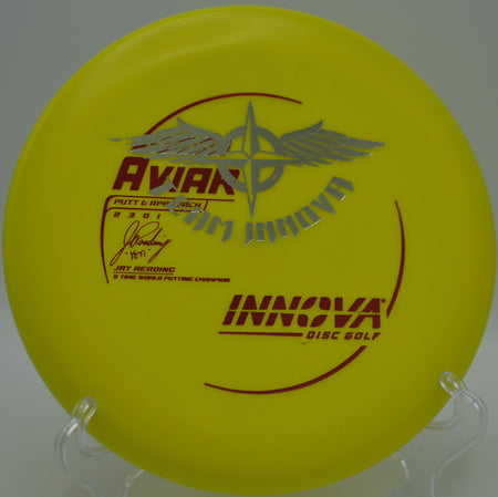 Close-up of a Yeti Pro Aviar Team Stamp displaying minor surface wear from storage, resting on a practice basket at Harmon Hills Disc Golf Course in Fall Branch, Tennessee.