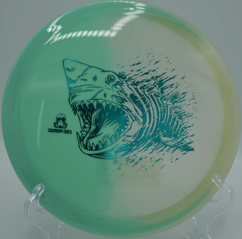 Doomsday Discs Retina Glow Chemtrail photographed on the fairway at Stafford Lake Disc Golf Course in Novato, CA, showcasing its understable flight profile.