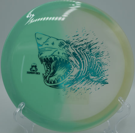 Doomsday Discs Retina Glow Chemtrail photographed on the fairway at Stafford Lake Disc Golf Course in Novato, CA, showcasing its understable flight profile.