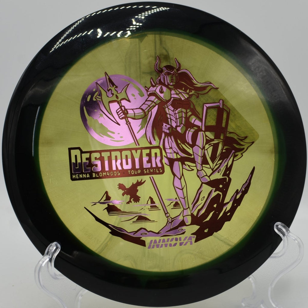 Destroyer high-speed driver launching a powerful backhand drive at Buffumville Lake Disc Golf Course in Charlton, Massachusetts