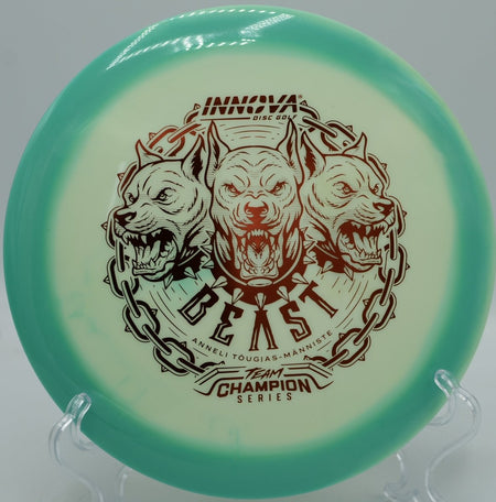 Innova ProtoGlow Halo Star Beast wide rim driver gliding forward at DeLaveaga Disc Golf Course in Santa Cruz California