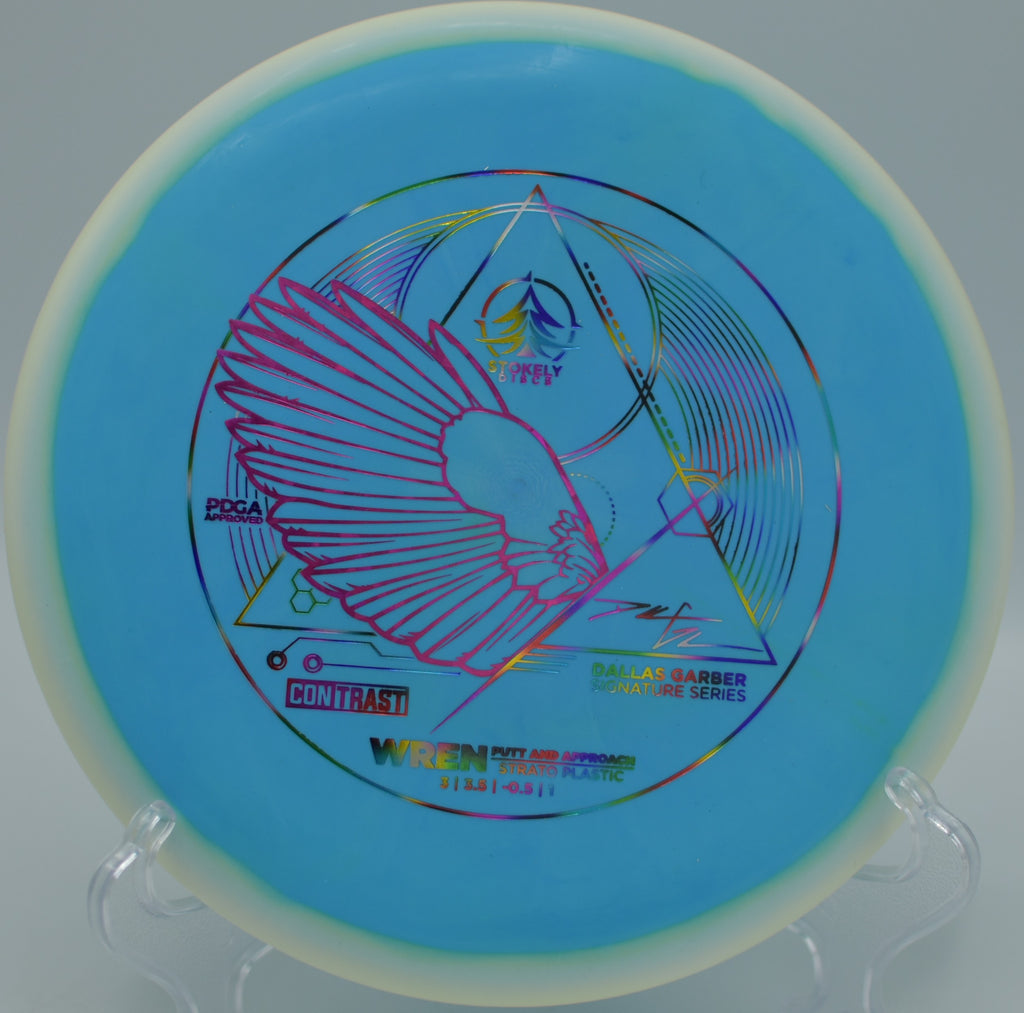 Player lining up a confident putt with the Stokely Discs Strato Wren – Dallas Garber Edition at Panther Creek State Park Disc Golf Course in Morristown, Tennessee.