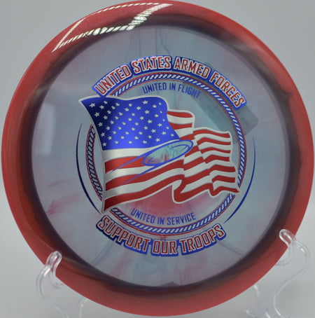 Innova Halo Champion Roadrunner launching a long turnover drive at Sunset Ridge DGC in Twin Falls, ID, riding its -4 turn with effortless glide.