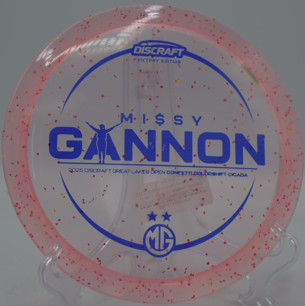 Discraft Z CS Confetti Cicada Missy Gannon Victory Edition gliding smooth on a turnover shot at DeLaveaga Disc Golf Course in Santa Cruz, California.