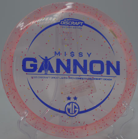 Discraft Z CS Confetti Cicada Missy Gannon Victory Edition gliding smooth on a turnover shot at DeLaveaga Disc Golf Course in Santa Cruz, California.