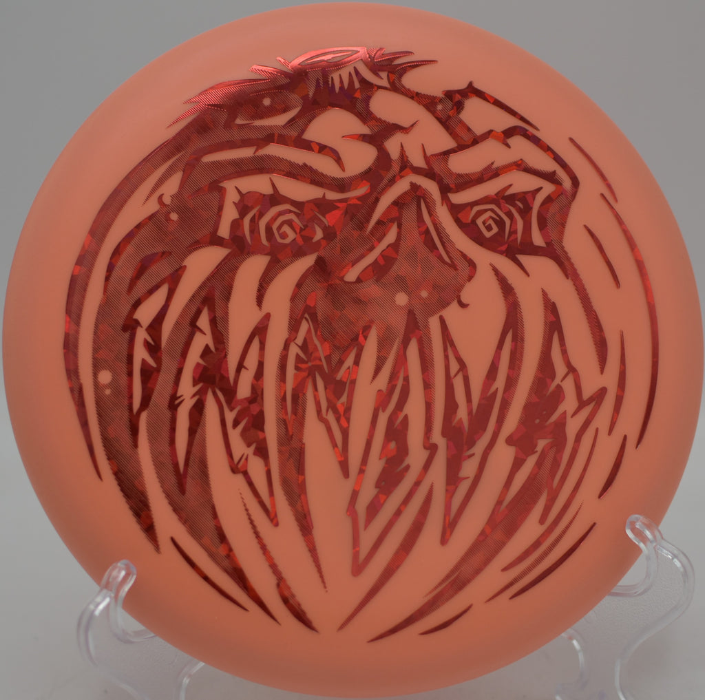 Innova Halloween Nexus Proto Glow Aviar flying straight toward the chains at DeLaveaga Disc Golf Course in Santa Cruz, California.