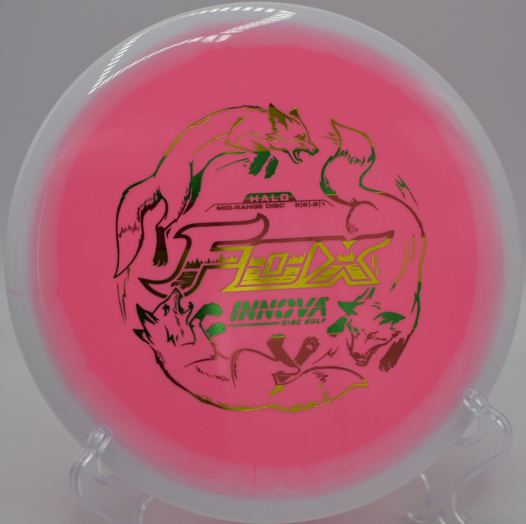 Halo Star Fox by Innova carving a straight fairway drive through the woods at Hornets Nest Disc Golf Course in Charlotte, North Carolina.