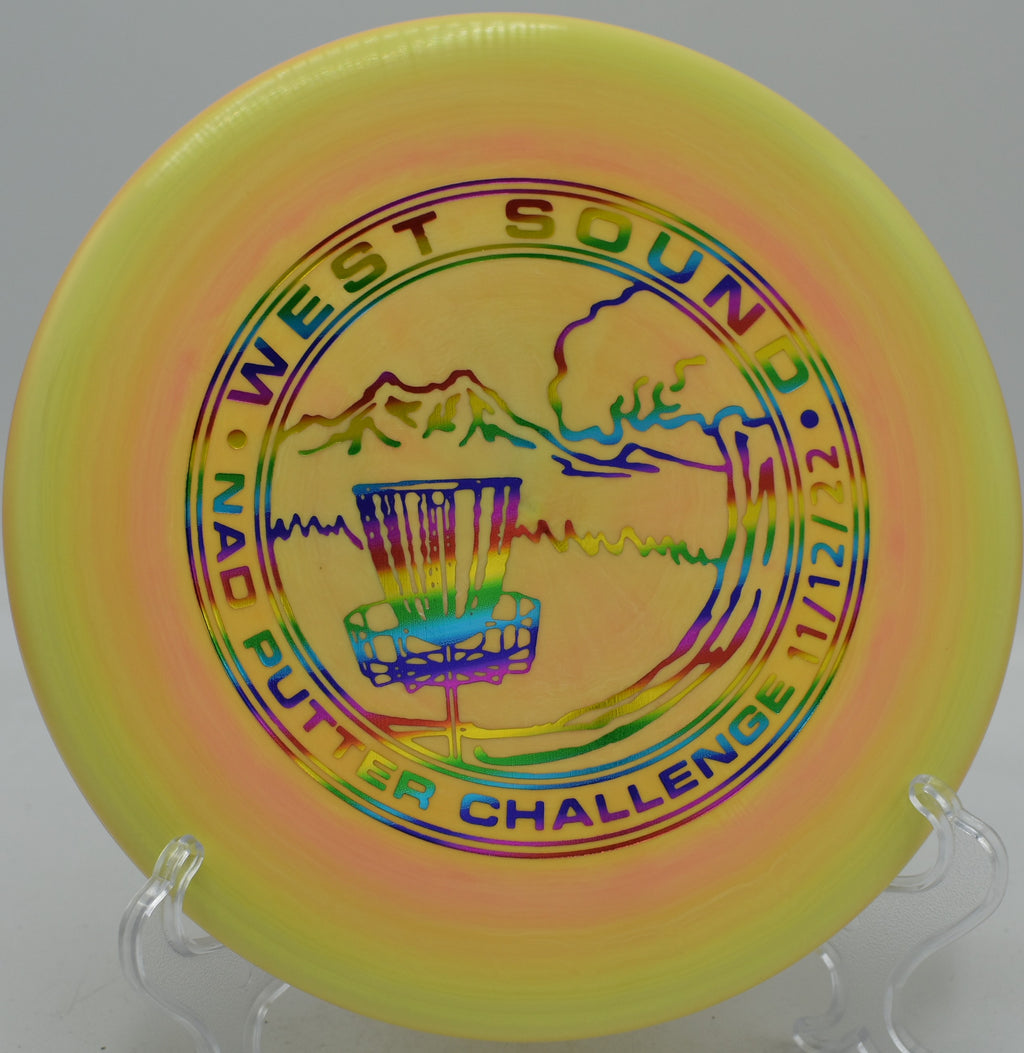 ESP Zone Discraft reliable putter hyzering into the basket at Maple Hill Disc Golf Course in Leicester, Massachusetts.