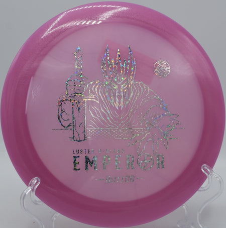 Luster C-Blend Emperor high-speed driver parked near basket after a full-power drive at Deer Lakes Park Disc Golf Course in Tarentum, Pennsylvania