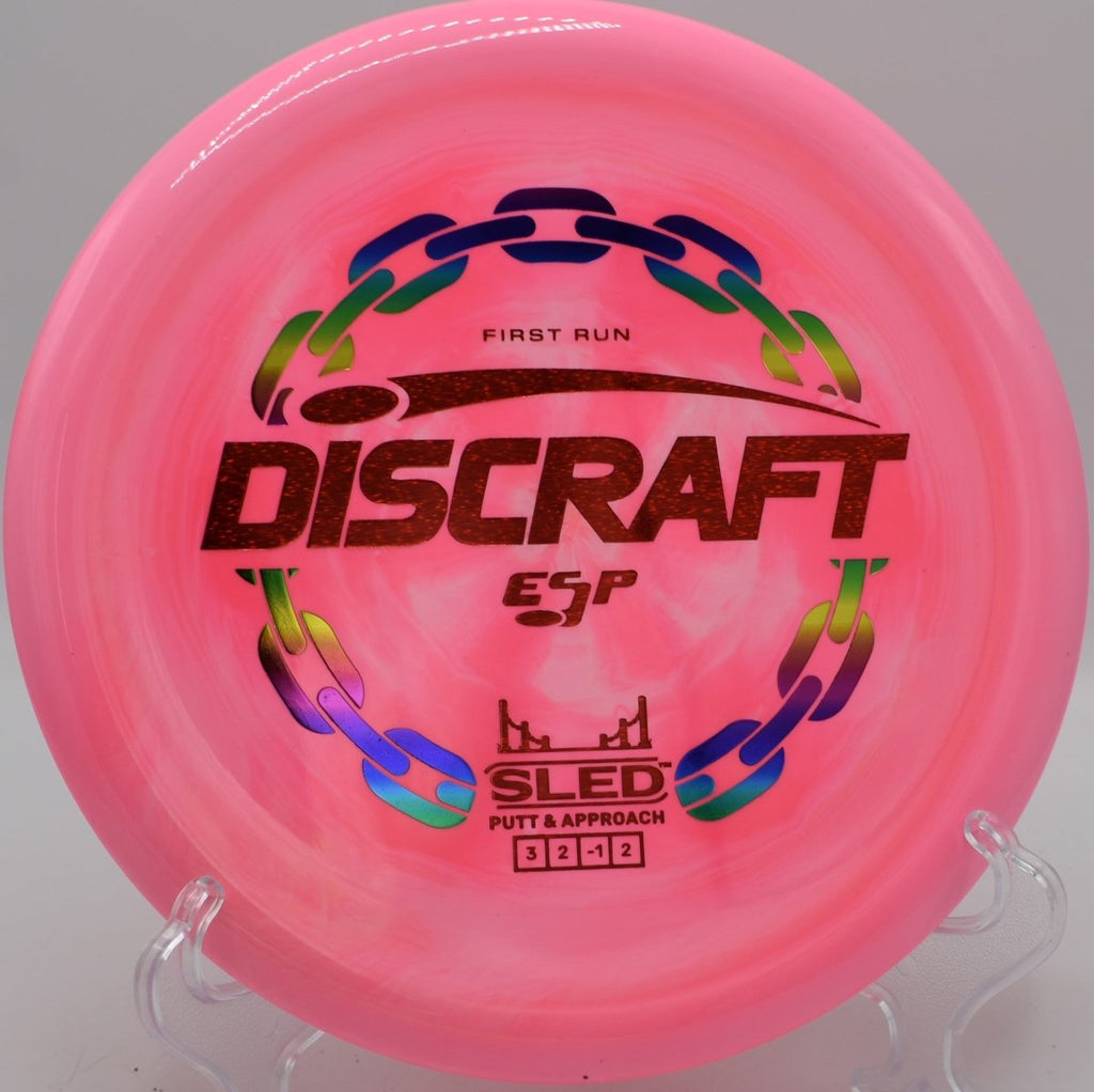 First Run ESP Sled dependable short drive near guarded pin at Veterans Park Disc Golf Course in Arlington, Texas