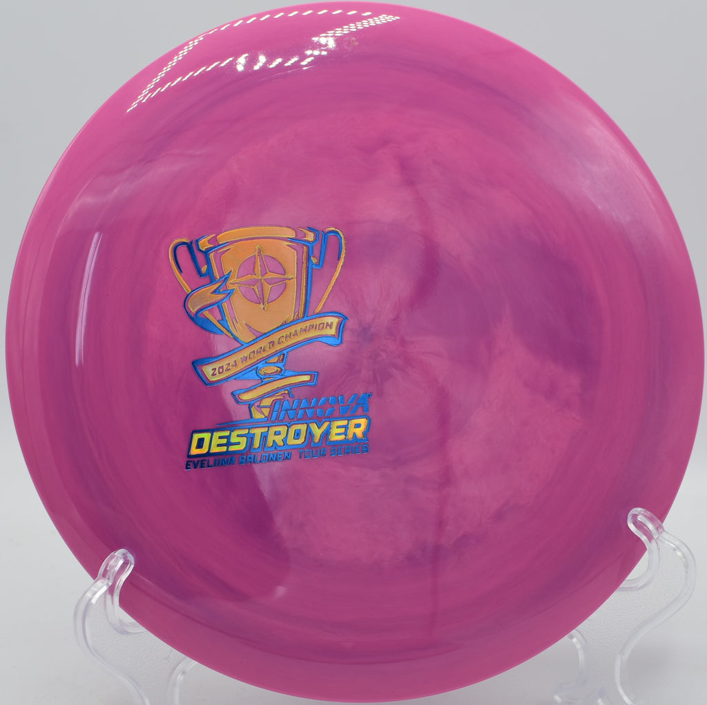 Ohn Scoggins Proto Glow Halo Champion Destroyer flying down the fairway at Maple Hill Disc Golf Course in Leicester, Massachusetts, showcasing elite disc golf distance and stability